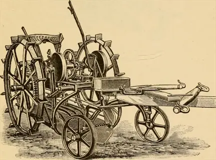 vintage engraving of an early 20th-century insect mechanical harvester with large spoked wheels and complex gear systems for agricultural use