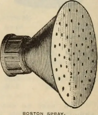 vintage greenhouse misting nozzle (boston spray) with conical perforated head in engraved illustration style, used for crop humidity control