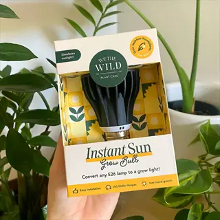 we the wild instant sun screw in grow bulb package with e26 base, held in hand against lush indoor plants