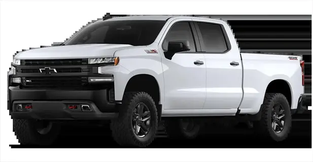 white chevrolet silverado crew cab pickup truck with black accents, off-road tires, and signature front grille featuring the bowtie emblem, parked against a dark background