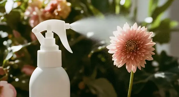 white spray bottle applying milk spray solution to pink garden flowers, organic plant care in lush garden setting