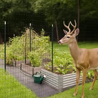 wire fence protecting organic garden from deer with raised beds and watering can