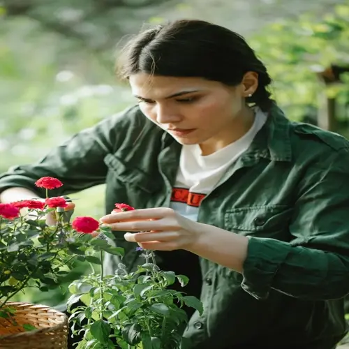 woman pruning red roses in a spring garden, wearing a green jacket over a text-containing t-shirt, with a wicker basket nearby