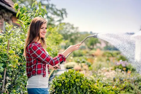 woman watering plants with a flower bed soaker hose in a sunny garden