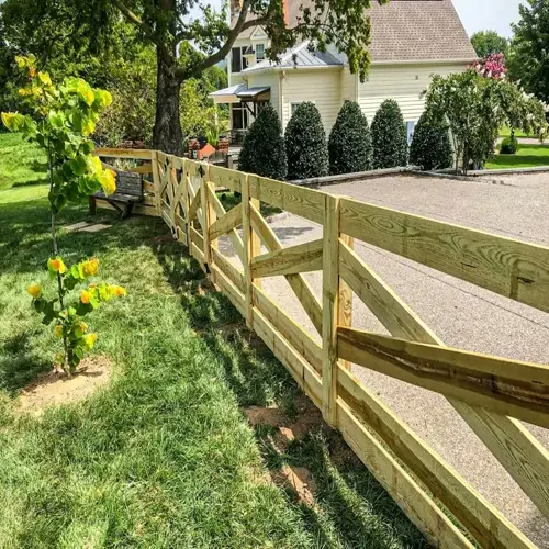 wooden garden fence in backyard with young tree, house background, and driveway