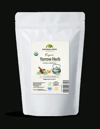 yellow yarrow container: white pouch with organic yarrow herb label featuring usda organic seal and botanical illustrations