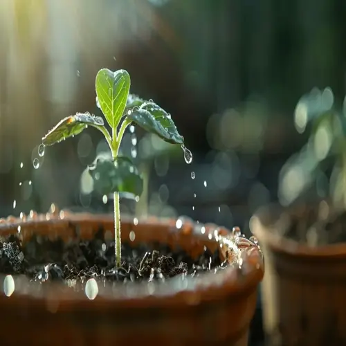 young mint plant in a terracotta pot with water droplets under sunlight. growth and nature concept