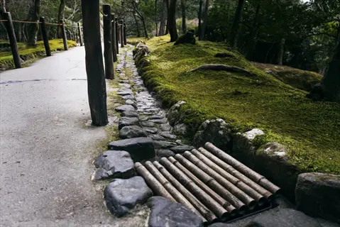 zen garden terrace with moss-covered stones and bamboo accents